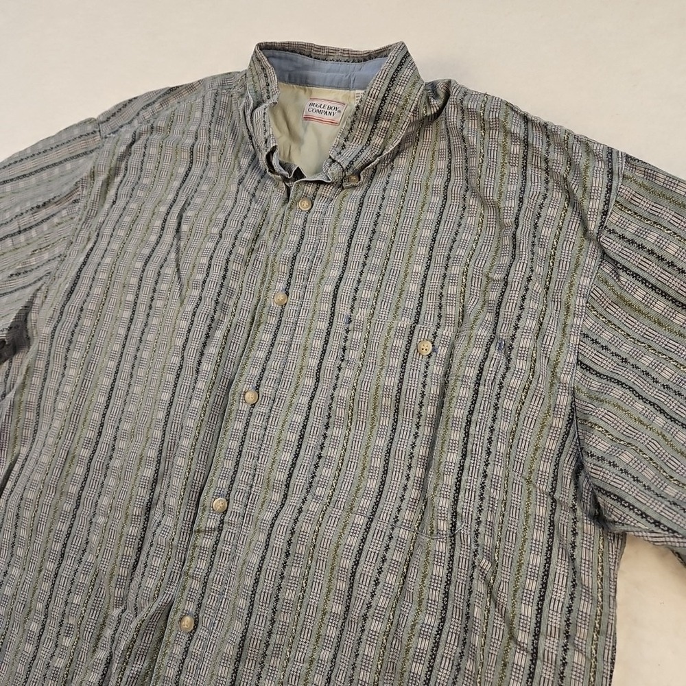 VTG Bugle Boy Mens Sz XL Gray & Blue Geo Design Striped Button Down Short Sleeve